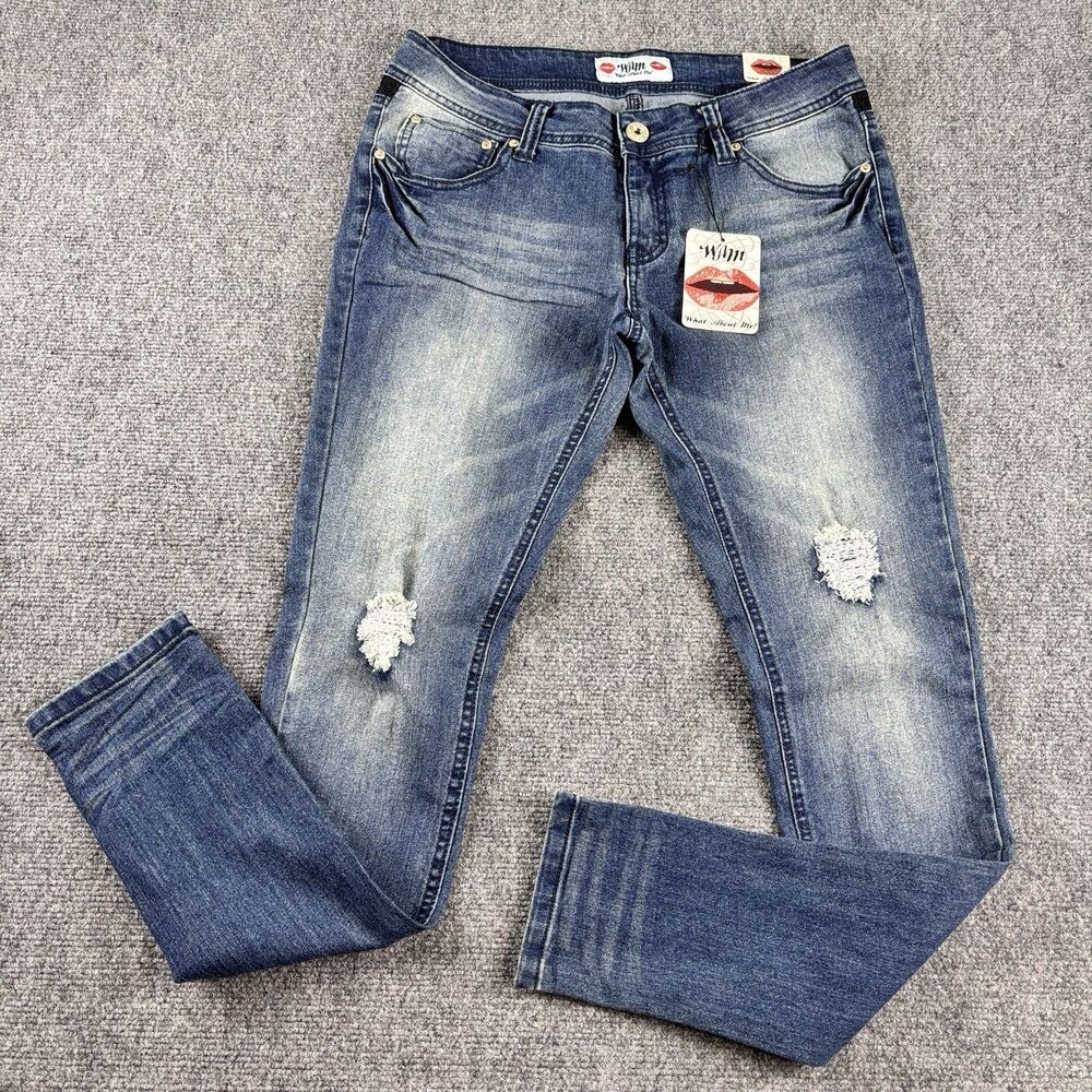 WAM What About Me Jeans Juniors 3/4 NWT Low Rise Skinny Rhinestone Fleur De Lis